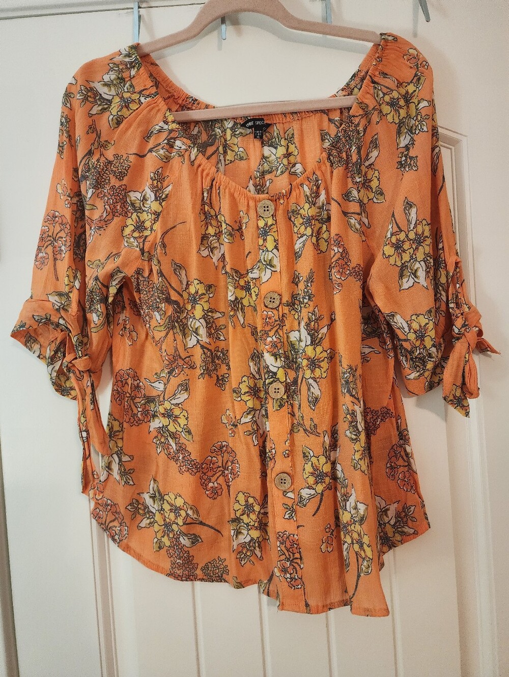 Unique Spectrum Peach Floral Tie-Sleeve Faux Button Front Peasant Blouse XL